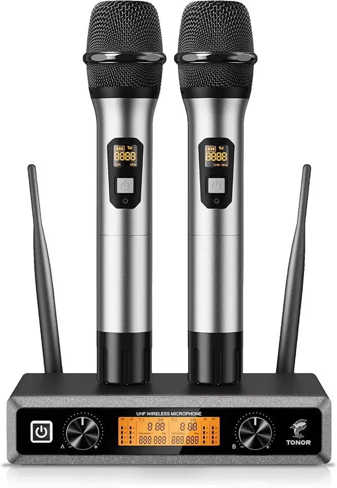 TONOR UHF Funkmikrofon Set, professionelles dynamisches Drahtlos-Doppelmikrofonsystem mit 2 Handmikrofonen, Karaoke-Set für Party, DJ, Kirche & Hochzeit, bis zu 60 m Reichweite, TW820, Silber