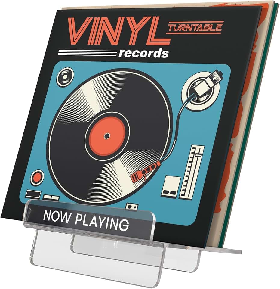 Americanflat 7.8x7.5 Now Playing Vinyl Record Stand - Clear Acrylic Now Playing Sign with Front Display Shelf and Back Storage - Holds Up to 19 Records - Modern, Minimalist Design - Transparent