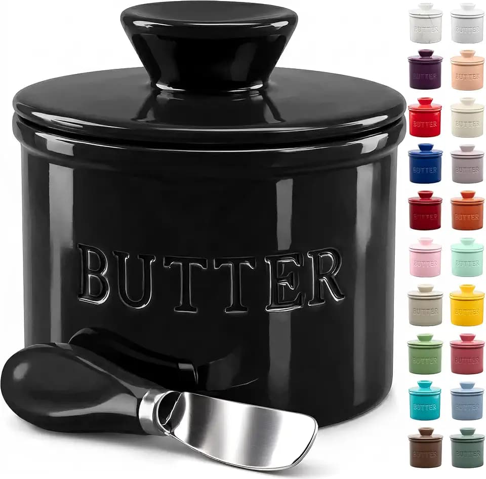 Zulay Kitchen Bell Shaped Butter Crock with Lid for Countertop with Water Line & Spreader Knife, Ceramic French Butter Dish Keeper For Fresh, Soft & Spreadable Butter - Black