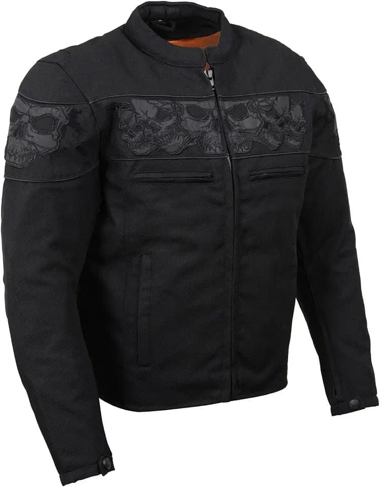 Milwaukee Leather MPM1730 Men's Black Padded Textile All Season Motorcycle Jacket w/Reflective Skulls Artwork