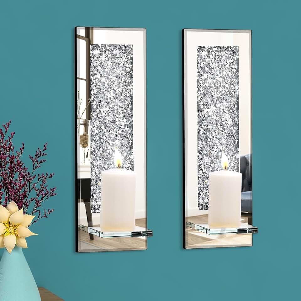 Pibeyer Crystal Crush Diamond Wandkerzenhalter, Set von 2 Stück, rechteckig, silberfarben, verspiegelt, Kerzenleuchter, Heimwanddekoration für Wohnzimmer, Esszimmer und Schlafzimmer
