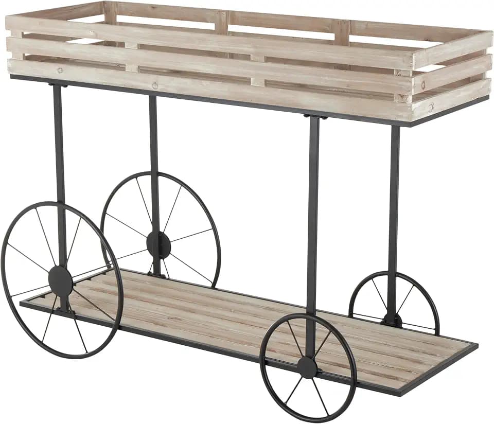 Deco 79 Wood Indoor Plantstand Wheelbarrow 1 Shelf Plant Shelf, Plant Stand 45" x 15" x 33", Cream