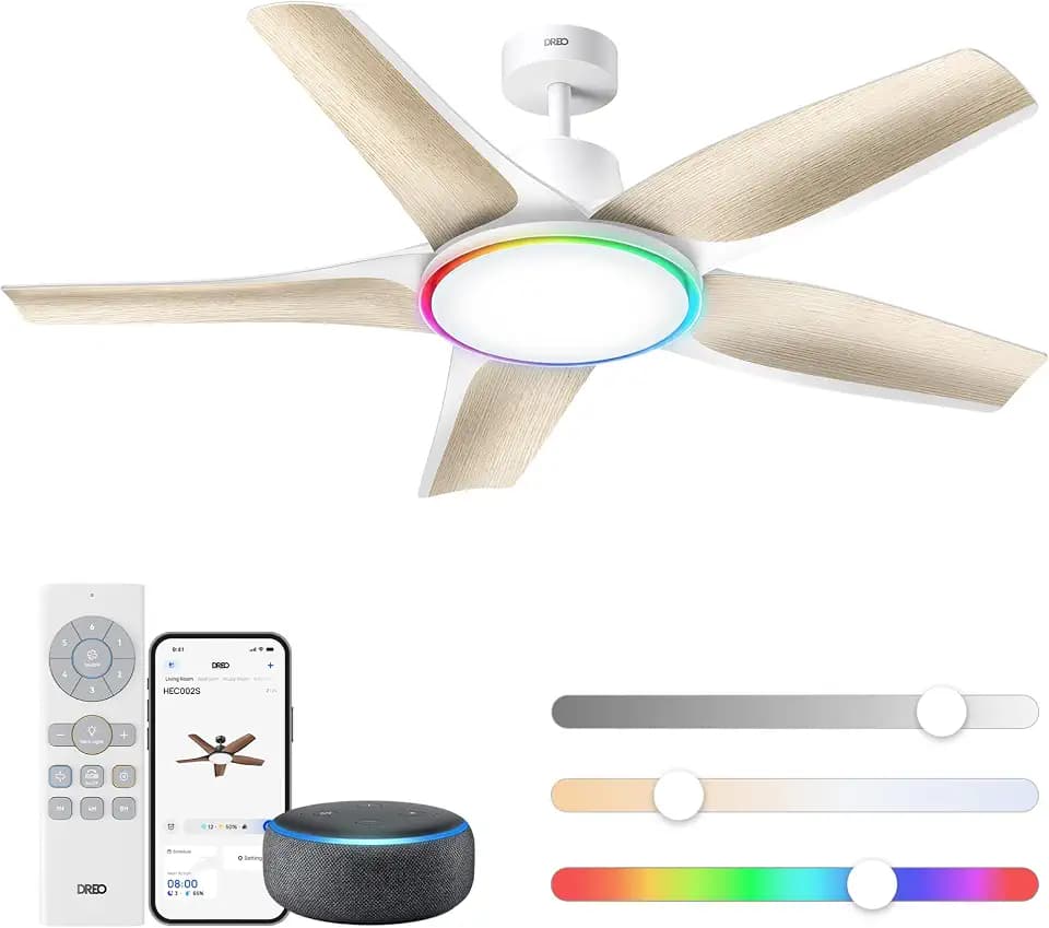 DREO Smart Ceiling Fans with Lights, Low Profile Ceiling Fan with Alexa/App, 52'' Dimmable Lighting & Color Tuning, RGB Ambient Light for Living Room, Game Room, Easy Installation, Quiet, White