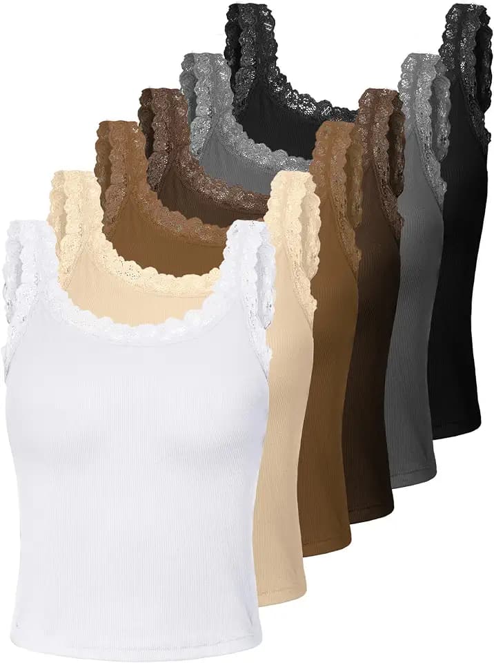 Hicarer 6 Pieces Lace Camisole Tank Tops Lace Trim Camisole Straps Womens Cami Undershirt Ribbed Tank Tops for Women
