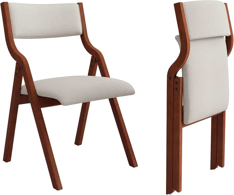 Ball & Cast Upholstered Folding Chairs Set of 2,with Padded Seat,Wooden Portable Dining Chairs W/Ergonomically Designed Back and Cushion,Easy Carry,No Need to Install,for Kitchen,White+Cherry