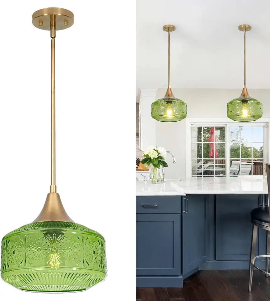 Gold Pendant Light over Kitchen Green Glass Hanging Light for Bathroom
