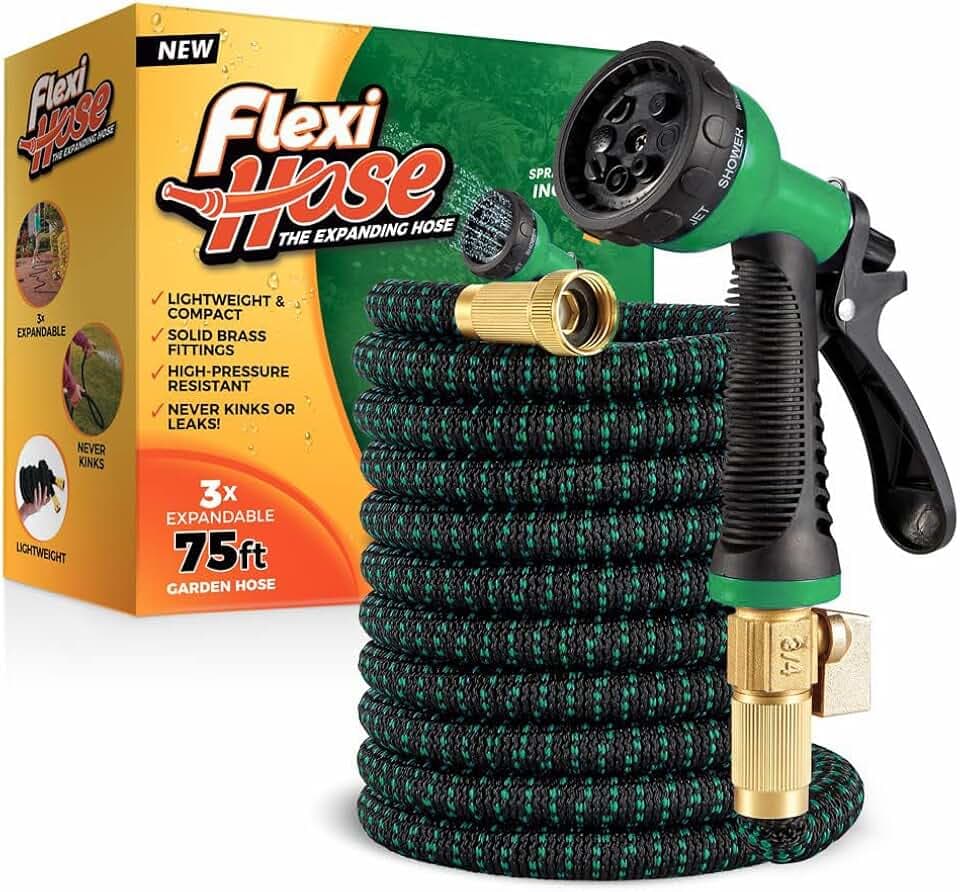 Flexi Hose with 8 Function Nozzle, 75FT - Lightweight Expandable Garden Hose, No-Kink Flexibility, 3/4 Inch Solid Brass Fittings and Double Latex Core - Black and Green