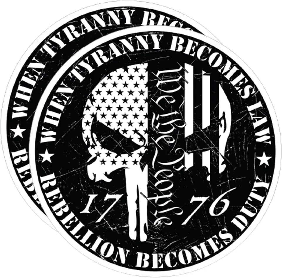 eDesign 2-Pack Tyranny Becomes Law Rebellion Becomes Duty American Flag Skull Sticker Decal - 4 Inches - We The People for Car Truck SUV Van Window Bumper Wall Laptop Tablet and Any Smooth Surface