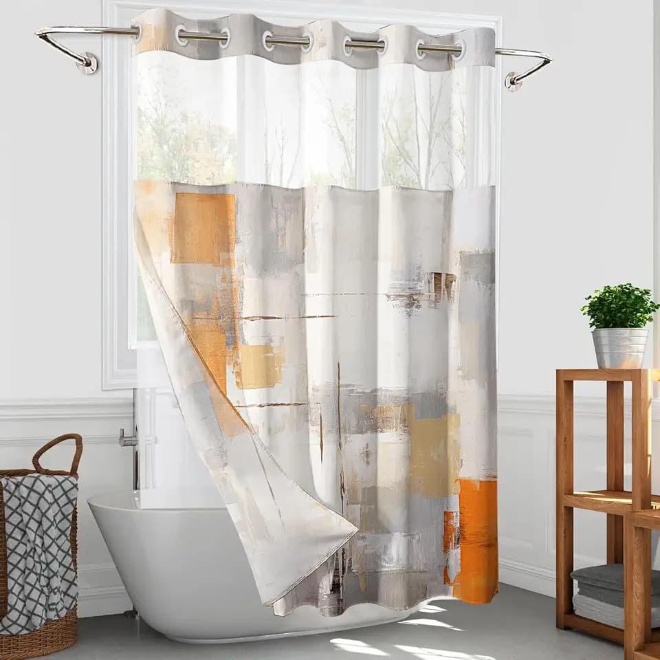 NO Hooks Shower Curtain with Snap-in Fabric Liner Set, Orange Grey