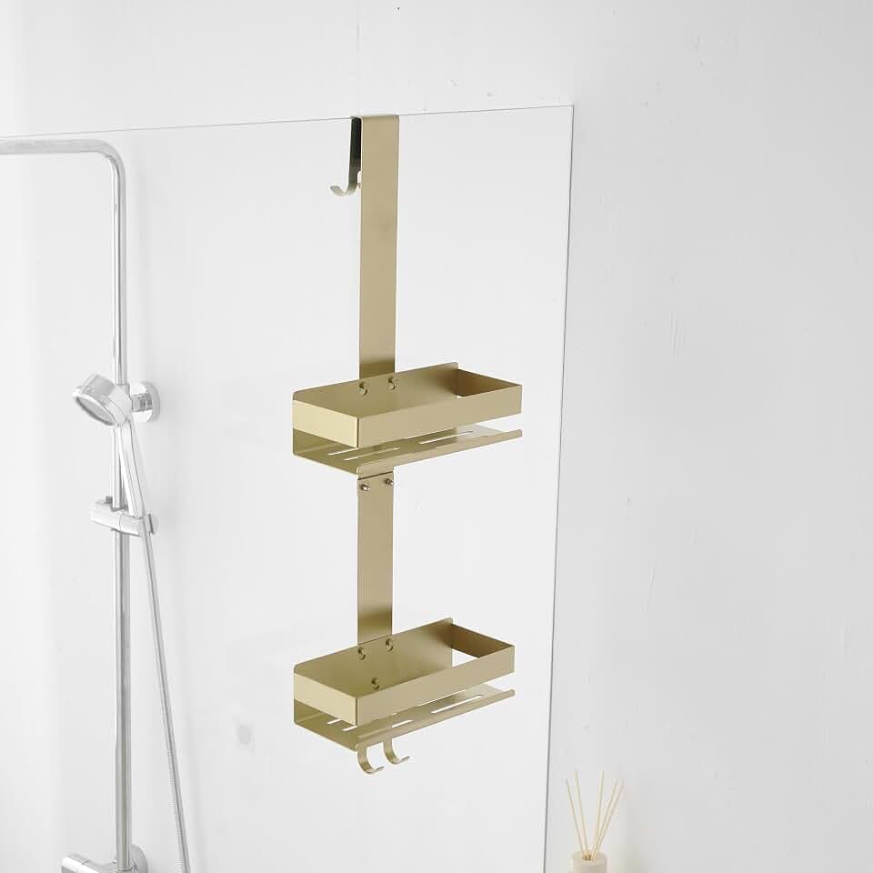 Goldener Dusch-Caddy über der Duschtür – 2-stöckiger Dusch-Caddy zum Aufhängen, ohne Bohren, Duschregal für Innendusche, Badezimmer, Schlafzimmer, Küche