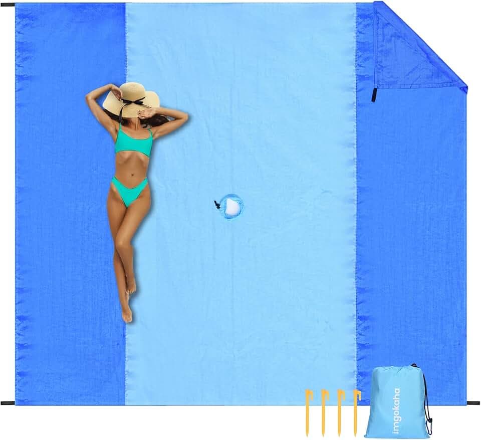 Beach Blanket with Umbrella Hole, Waterproof Nylon Beach Mat 7FT