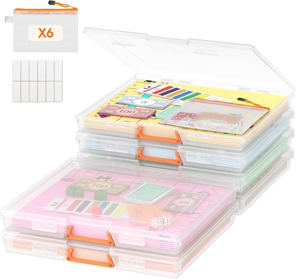 Lifewit 6 Pack Stapelbar Aufbewahrungsbox mit Deckel & Griff, Tragbar Document Box mit 6 Reißverschlusstaschen und Etiketten, Storage Box für Papier Foto Bastelbedarf Brettspiel, 33 x 31 cm/13x12