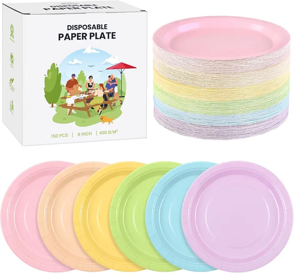 Kochorie 150 Pieces Pastel Rainbow Disposable Paper Plates 9 Inch Heavy Duty Dinner Plates, Solid Color, Table Decorations Party Supplies for Birthdays, Weddings, Daily Use