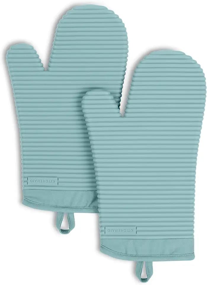 KITCHENAID Ribbed Soft Silicone Oven Mitt 2-Pack Set, 7.5"x13", Mineral Water Aqua