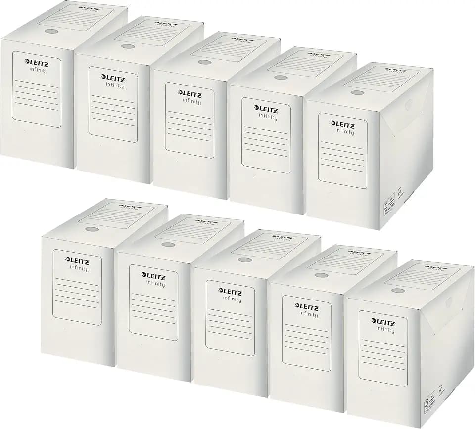 Leitz Infinity Archivbox, 10 Stück, 150 mm Rückenbreite, A4 Faltkarton mit Lasche, Boxen Aufbewahrung für bis zu 1400 Blatt, Lagerbox aus 100% säurefreier Karton, Weiß, Infinity Archiv Serie, 60920000