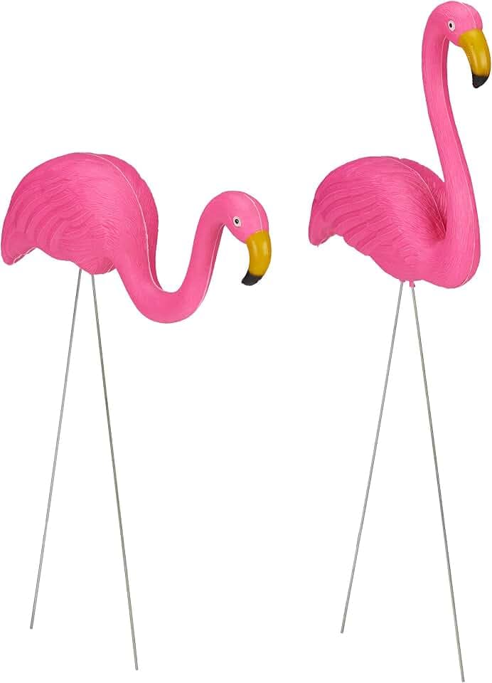 Relaxdays Flamingo Figur 2er Set, niedliche Gartendeko, tropisches Flair, Kunststoff, Metall, Dekofigur 2 Größen, pink