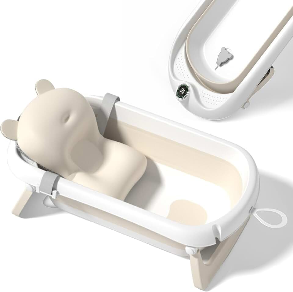 Faltbar Baby Badewanne Mit Rutschfestem Badekissen - Babywanne XXL Mit Baby Badewannensitz & Badethermometer - Von Der Geburt Bis 3 Jahre - Baby Bathtub - Geburtsgeschenke Für Mädchen & Jungen