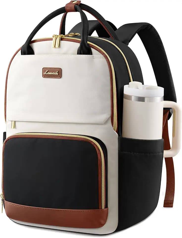 LOVEVOOK Laptop Backpack for Women with Giant Tumbler Holder Pocket, 15.6 inch Travel Work Backpack Purse for Teacher Nurse, Waterproof College Book Bag Cute Casual Daypack, Beige-Black-Brown
