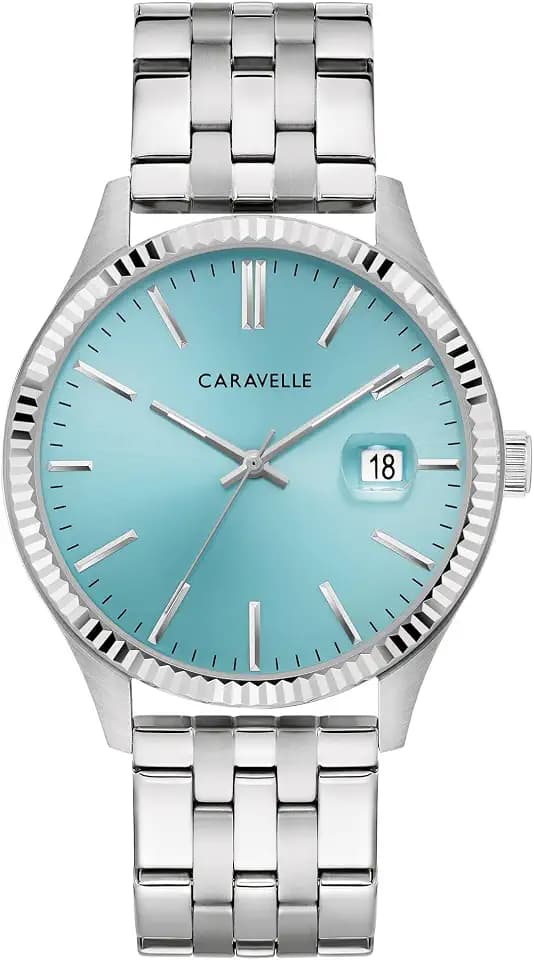 Caravelle by Bulova Men's Dress 3-Hand Date Quartz Watch, Stainless Steel, Coin Edge Bezel, 41mm