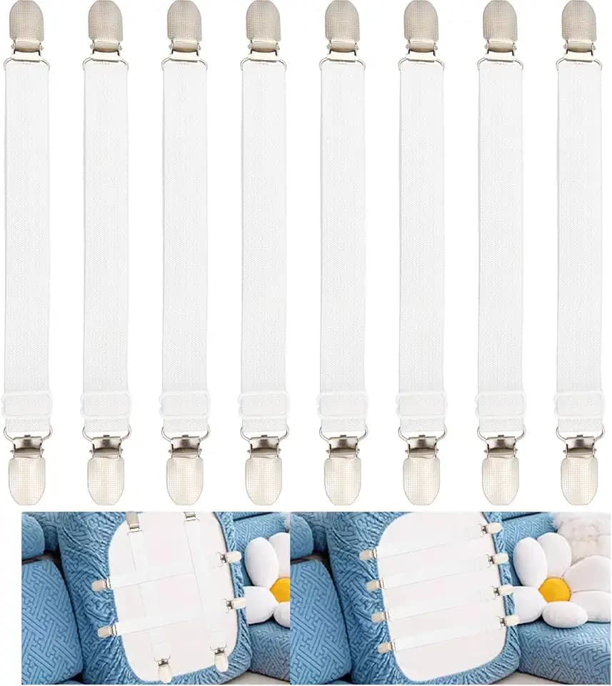 Sofa Cover Holder Straps with Suspenders & Fasteners - Magic Sofa Couch Covers Clip Fasteners, Adjustable Elastic Straps (6-30in/15-75cm) for Sofa Slipcover, Cushion Holders (8, White)