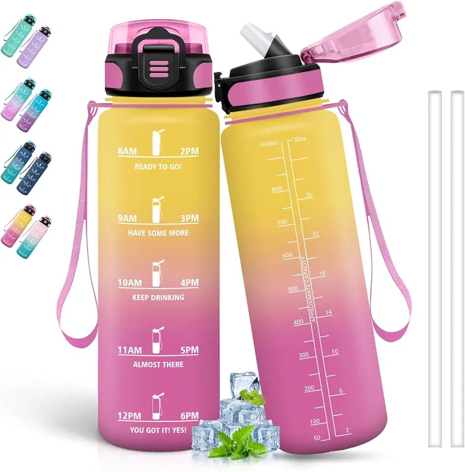 Trinkflasche 1L, Flasche mit Strohhalm, Sportflasche für Erwachsene, Auslaufsicher, Kann mit Dir Tragen, Zeitmarkierung, für Camping, Wandern, Fitness, Gelb-Rosa