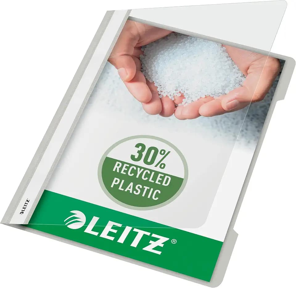 Leitz A4 Standard Schnellhefter, 25er Pack, 30% Pre-Consumer Recycling-Kunststoff, Hefter für A4-Blätter, 60 Blatt Kapazität, Ideal als Dokumententasche für Schule, Haushalt oder Büro, Grau, 41910085