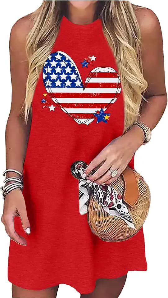 VVNTY American Flag Tank Dress Women: 4th of July Shirts Sleeveless Patriotic USA Flag Tees Casual Summer Tanks Sundress