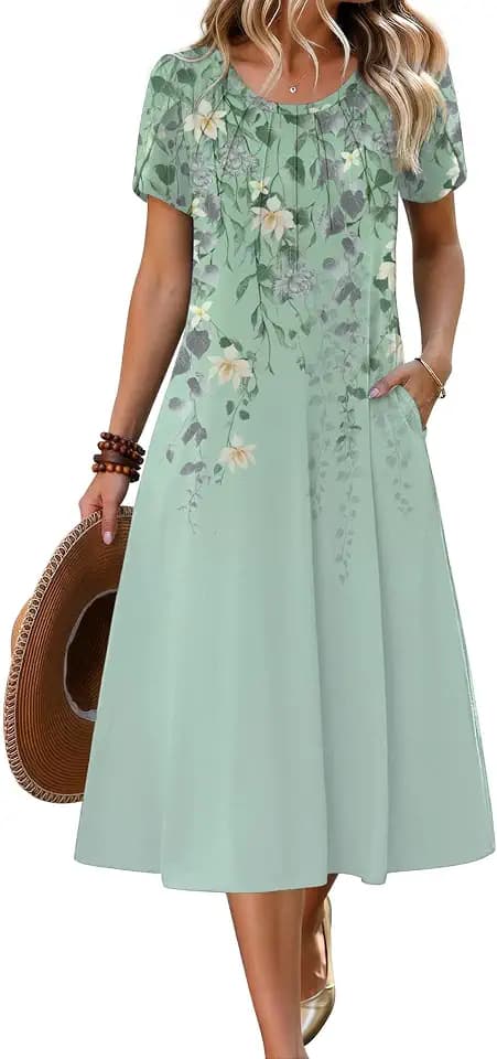 Zeagoo Womens Casual Summer Dress 2026 Petal Short Sleeve Dresses with Pleats Midi A Line Flowy Dress Boho Sundress