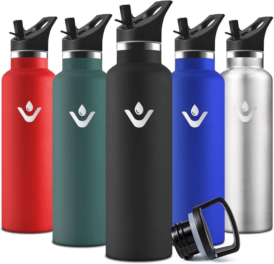 Motswedi Trinkflasche, 500 ml BPA-Frei, Trinkflasche Edelstahl, Mit Strohhalm und 2 Deckeln, Flasche, 18/8 Edelstahl, Wasserflasche, Doppellagige Isolierung, Isolierflasche für Schule, Yoga - Schwarz