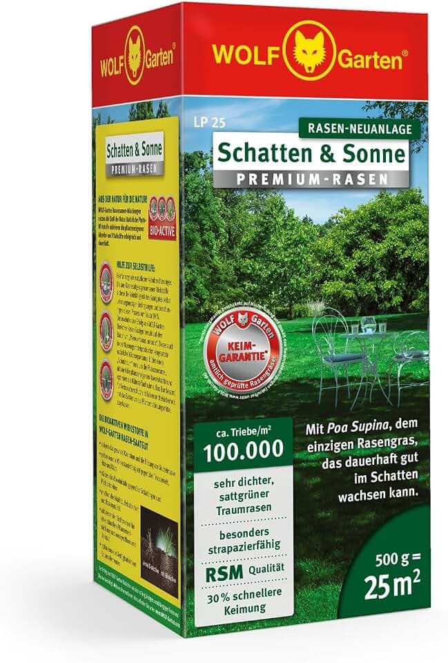 WOLF-Garten „Schatten & Sonne“ Premium-Rasen LP 25 (für 25 m², sehr hohe Dichte mit ca. 100.000 Trieben/m2, besonders strapazierfähig, hohe Schattenverträglichkeit, 500g Faltschachtel) 3820020