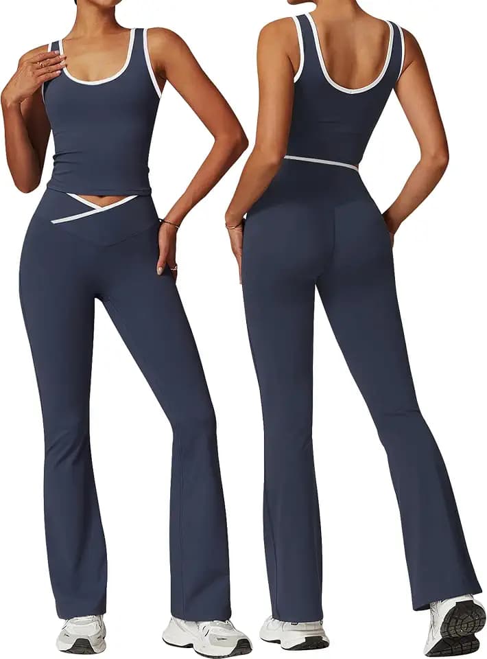 OLCHEE Womens Workout Sets 2 Piece Gym Yoga Outfits Crossover Flare Leggings Crop Tank Top with Contrast Trim - Navy X-Large