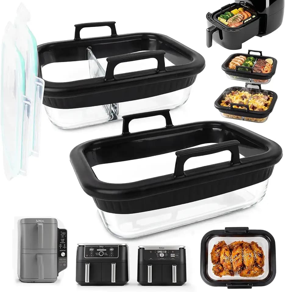 2 Stück Glas Auflaufform Airfryer Zubehör für Ninja AF400EU/AF500EU/SL400EU COSORI Heißluftfritteuse 2 Kammern,Auflaufform Glas mit Silikongriffen,Glas Airfryer Zubehör, BPA-frei,Hitzebeständig