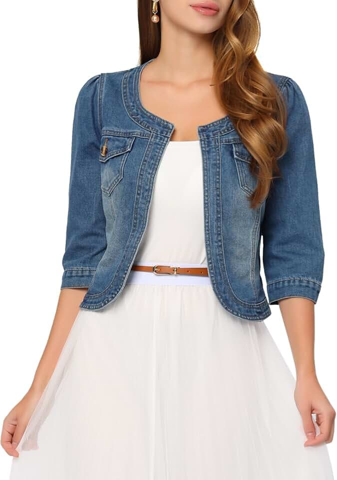 Allegra K Damen Kurze Jeansjacke Kragenlos 3/4 Ärmel Jeansjacken