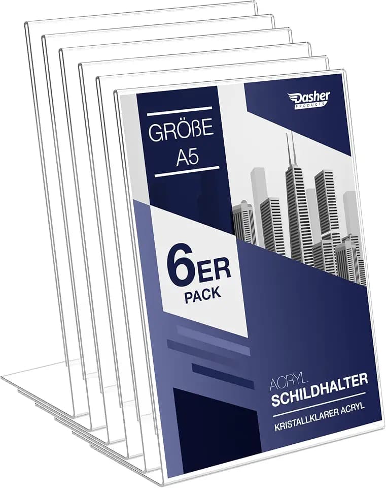 Acryl Aufsteller L-Form A5 6er-Pack, Transparenter Rahmen Hochformat für Schilder, Broschüren, Flyer, Menüs, Werbung, Poster, Schräger Kunststoff Tischaufsteller Display für Zuhause, Büro, Geschäft