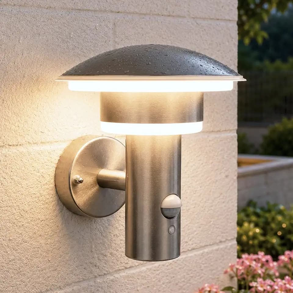NBHANYUAN Lighting® LED 4 Modi Außenlampe mit Bewegungsmelder und Dämmerungsschalter Aussenwandleuchten Silber SUS316 Edelstahl 3000K Warmweiß Licht 220-240V 1000LM 9W IP54 (mit PIR Sensor)