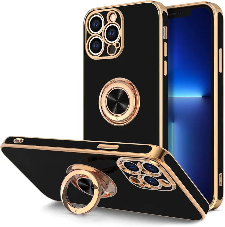Hython for iPhone 13 Pro Max Case with Ring Stand [360°Rotatable Ring Holder Magnetic Kickstand] [Plated Rose Gold Edge] Slim Soft TPU Cover Luxury Protective Phone Case for Women Men, Black