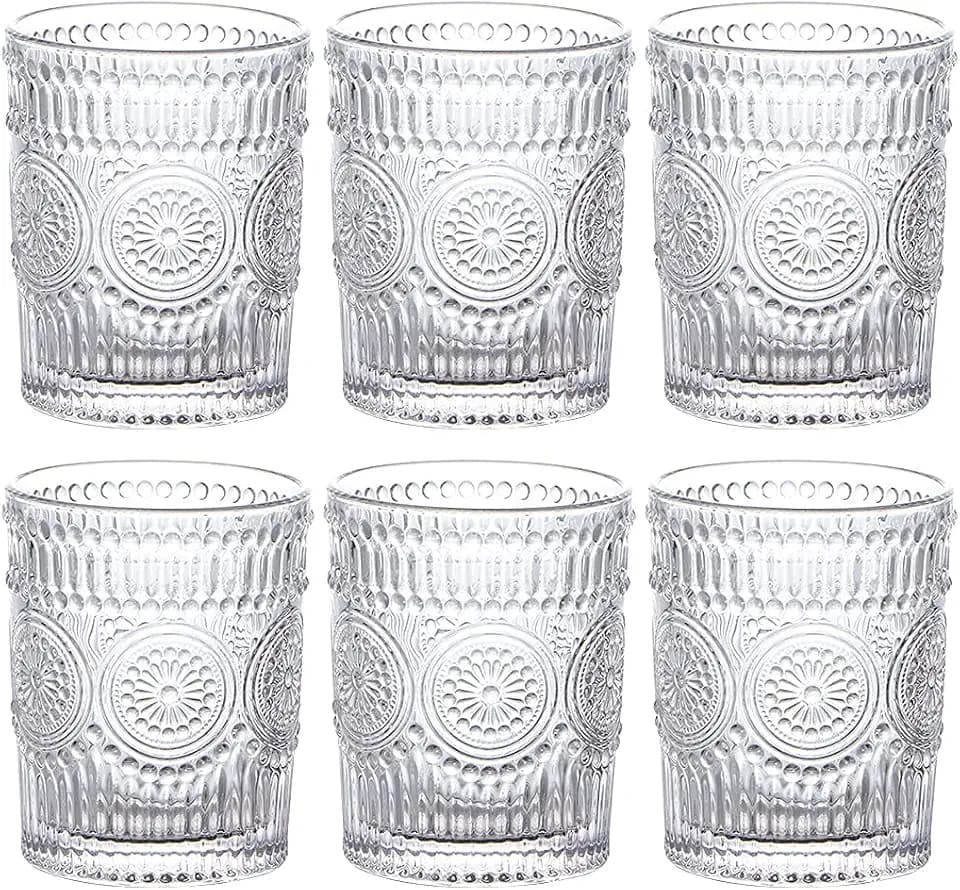 MDLUU Romantische Trinkgläser, 265 ml, 10 cm, geprägtes Wasserglas für Saft, Whisky, Softdrinks (kurz), 6 Stück