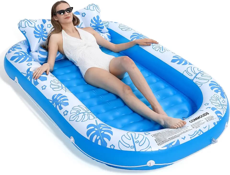 Inflatable Tanning Pool Lounger Float with Cervical Pillow - Pool Floats Adult for Sunbathing, Backyard, Pool Party - Inflate Ball Pit for Babies - Kids Swimming Pool Bed