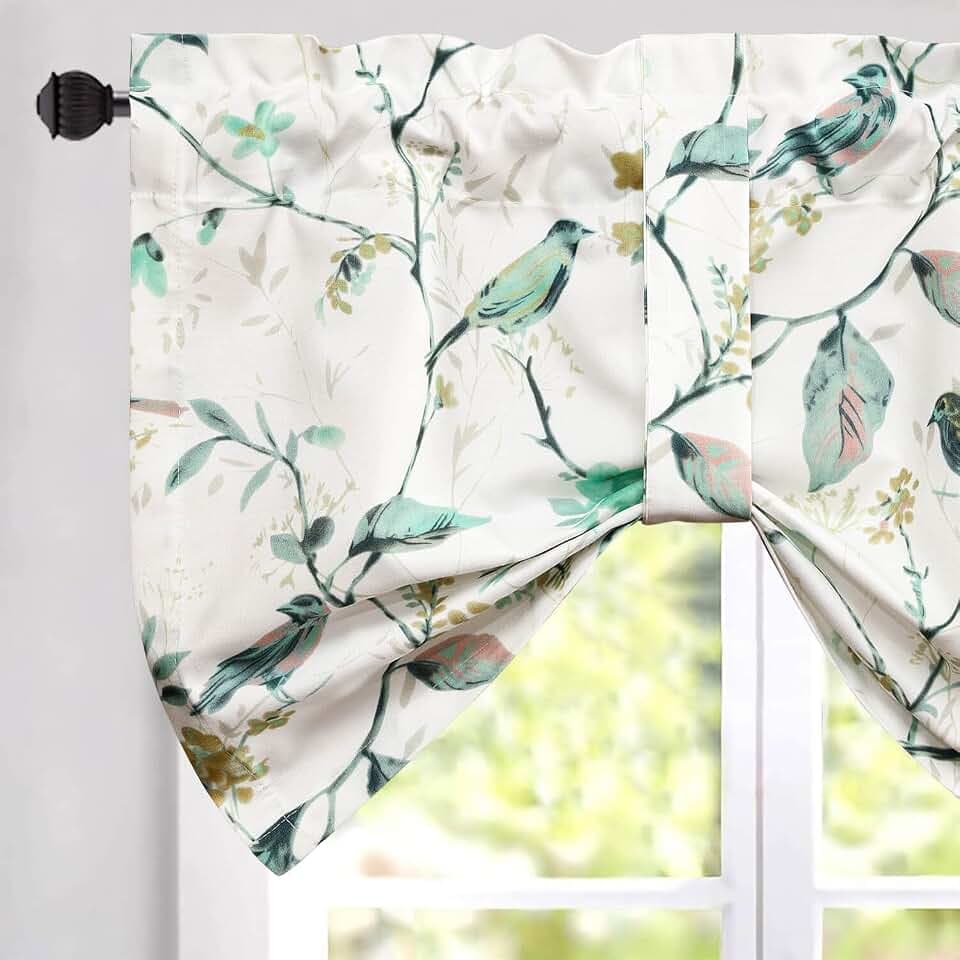 VOGOL Tie Up Valances 18 inch Long, Birds and Floral Pattern Window Shades for Farmhouse Top Pocket Window Drapes for Kitchen Small Cafe, One Panel (Green, Tie 52x18)