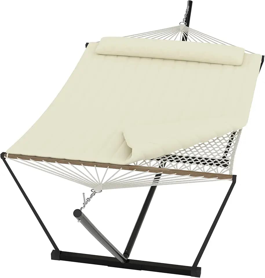 Heavy Duty 2 Person Double Hammock with Portable Adjustable Steel Stand, Outdoor Hammock with Pillow for Patio, Garden, Beach, Backyard Camping