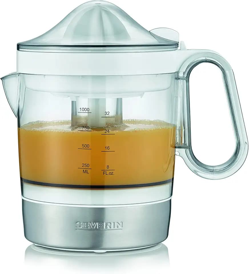 SEVERIN Zitruspresse mit Fruchtfleisch-Regulator, leicht bedienbare und einfach zu reinigende Citruspresse mit XXL-Saftbehälter, 1.0L, 40 W, weiß / Edelstahl-gebürstet, CP 3535