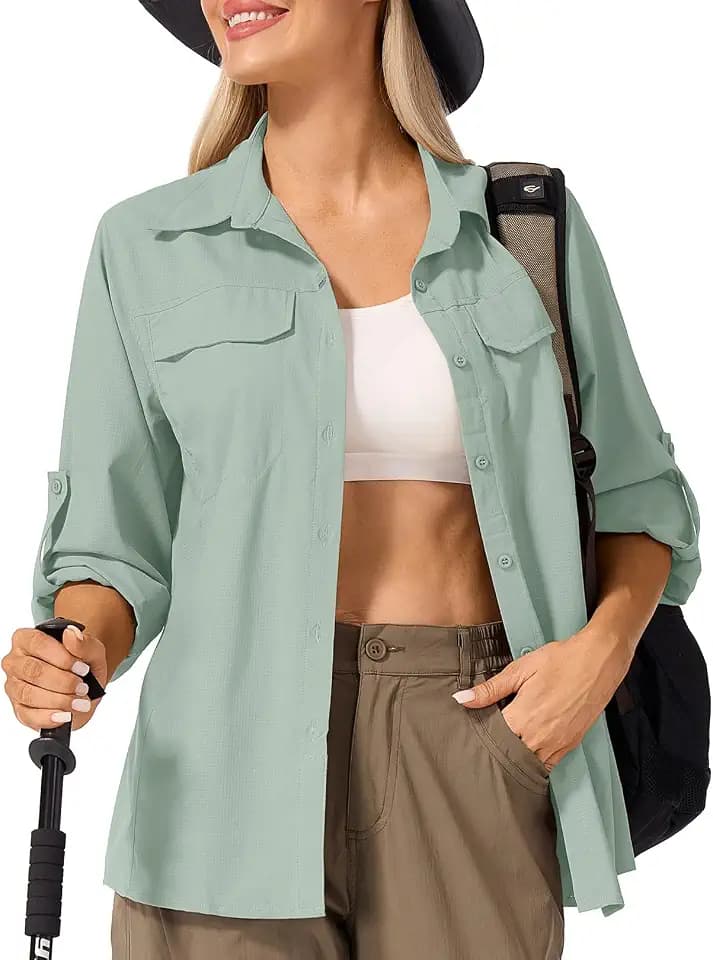 Womens Sun Protection Safari Shirts UPF 50+ UV Long Sleeve Outdoor Cool Quick Dry Fishing Hiking Shirts