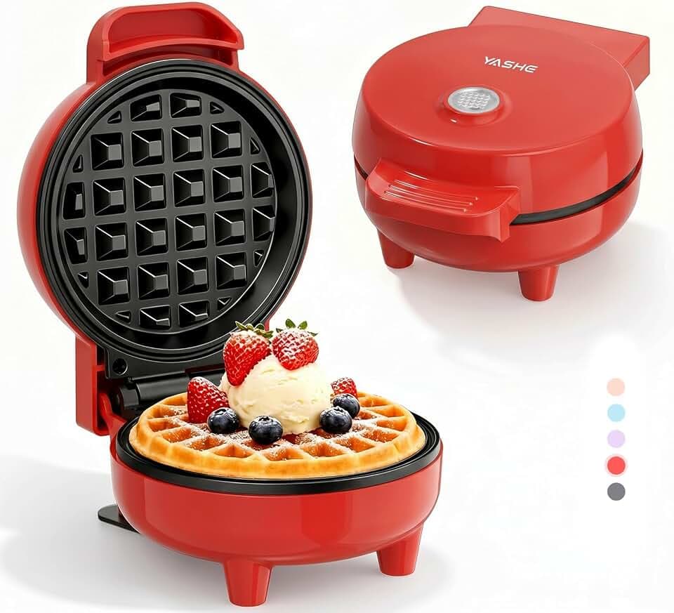 YASHE Mini Waffeleisen 550W, Antihaft-Waffelmaschine, Rot