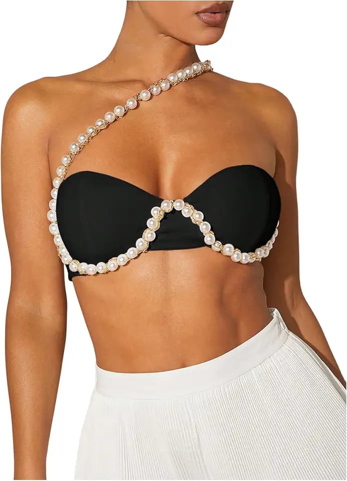 OYOANGLE Women's Pearl Beaded One Shoulder Cut Out Micro Crop Top Party Clubwear Sleeveless Tops
