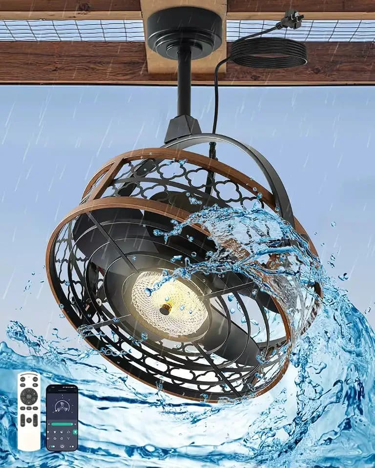 Outdoor Ceiling Fan with Light, IP55 Rated Waterproof Ceiling Fan with Tilting Head & Plug in Cord Remote and App Control - Caged Design for Patios Garage Gazebo Pergolas Pavilions 20 Inch
