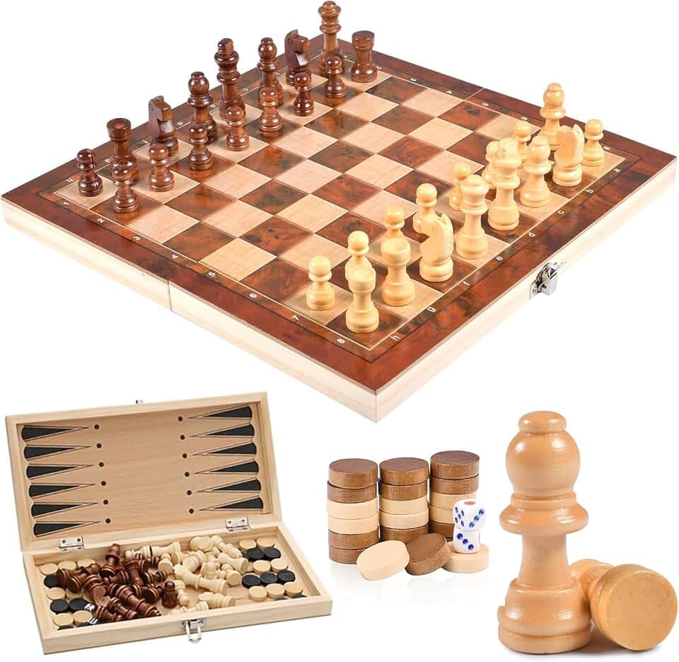 Qooloo Schachspiel aus Holz, 3 In 1 Schach, Dame, Backgammon, Schachbrett Klappbar, Schachbrett Holz Hochwertig Abschließbarer Koffer, Chess Set für Kinder Erwachsene Party Reisen, 29 x 29 cm
