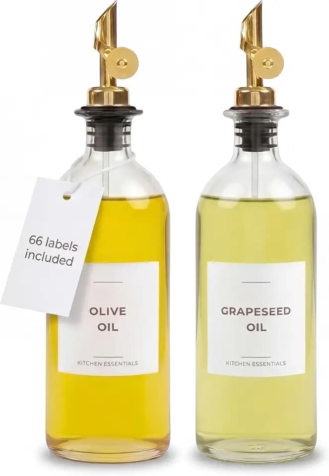 Spaceneat Olive Oil Dispenser Bottle - Includes 55 Kitchen Essential Labels - Cooking Oil Bottles for Kitchen, Coffee Syrup Dispenser - Pourer Spout with 16.9 fl oz Glass Container Cruet - 2pcs, Gold