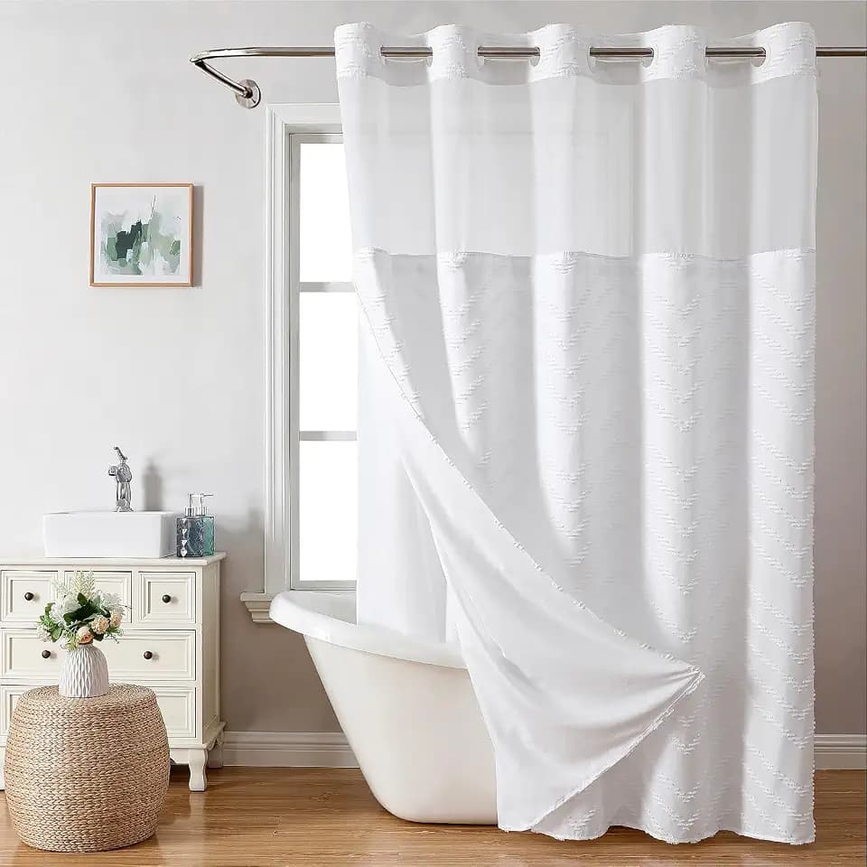 eachope Extra Long No Hook Tufted Chevron Striped Shower Curtain with Snap-in Fabric Liner set-71Wx86H(84H),White Hotel Grade Boho Style Shower Curtain,Water Repellent