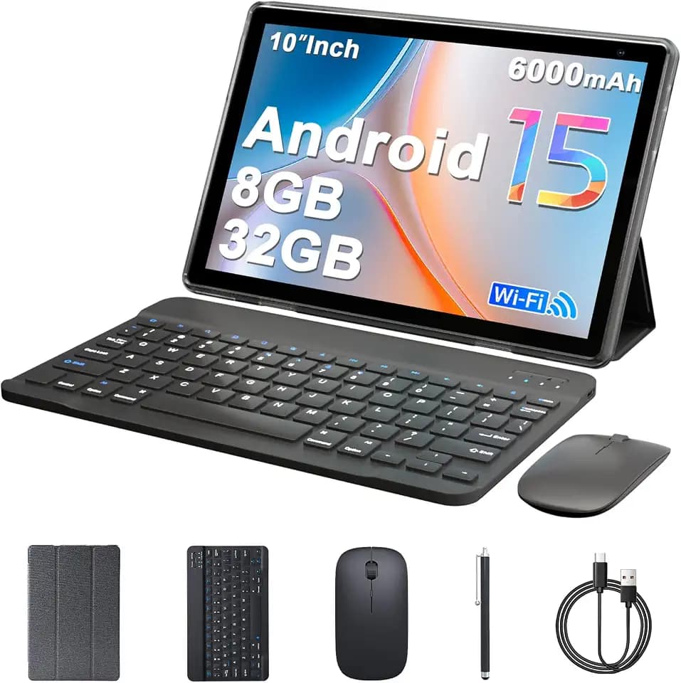 Android 15 Tablet 10 inch Tablets, 8GB RAM 32GB ROM 1TB Expand, 2 in 1 Tablet with Keyboard Case Mouse Stylus, 5G WiFi, BT5.0, 6000mAh, 1280x800 HD IPS Screen, 8MP Dual Camera, GMS, Widevine L1, Black