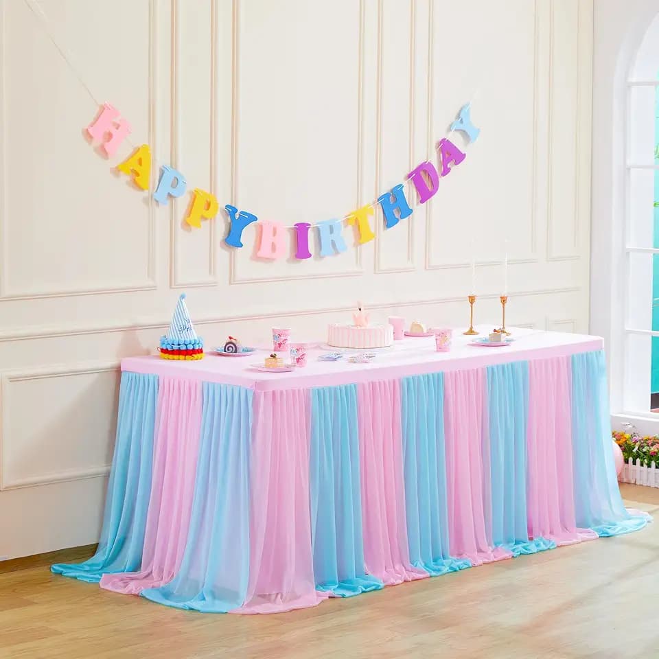 Besutolife Blue Pink Tulle Tablecloth for Rectangle Tables 4ft for Wedding Birthday Party Baby Shower Tutu Ruffle Table Cloth for Cake Dessert Buffet Banquet Dinner Table Decorations